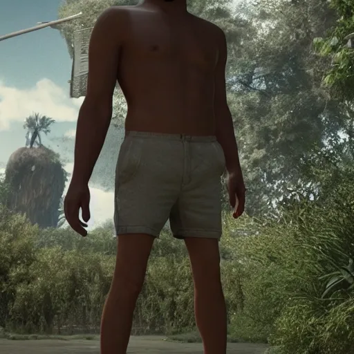 Prompt: 3 meters tall giant man in shorts, high definition movie, photorealistic detail, futuristic production, adventure movie, 8 k