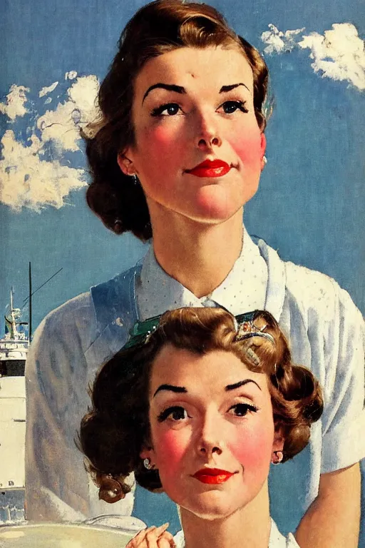 Prompt: portrait of a woman!! looking at the camera! brown hair!!!, eyes open!!, god rays! on a 1950s! ocean liner!! by norman rockwell, oil paint