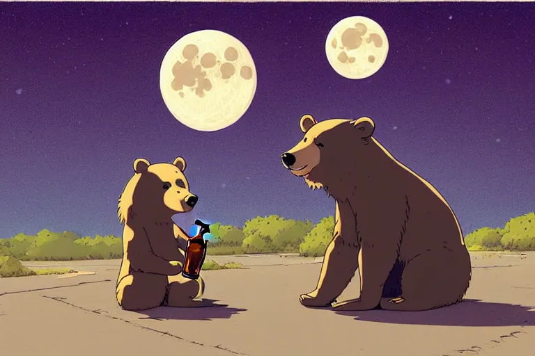 Prompt: a study of a cell shaded cartoon bear drinking a a beer on a desert road in front of a big moon, full body, wide shot, very muted colors, post grunge, studio ghibli, laurie greasley, highly detailed, deviantart, art by artgem