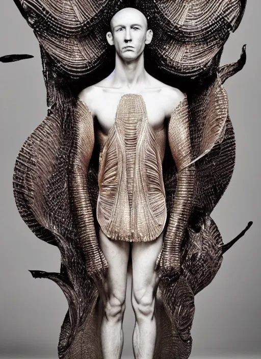 Prompt: a beautiful male dancer wearing iris van herpen couture, photographed by erwin olaf for vogue, symmetrical face