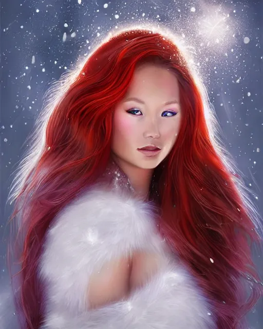 Prompt: beautiful eskimo woman auburn beauty portrait, long flowing red hair, blizzard of crystalline ice and snow, sparkling radiant light, fantasy portrait by artgerm, photorealism