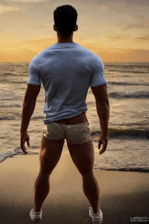 Prompt: a very muscular and defined male teen wearing ripped pants and shirt looking to the sea at sunset, godrays, complementary colors, natural lighting, portait image, path tracing, serene landscape, high quality, highly detailed, 8K, soft colors, warm colors, turbulent sea, high coherence, anatomically correct, hyperrealistic, concept art, defined face, five fingers