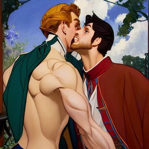 Image similar to attractive fully clothed king confesses his love for his attractive fully clothed male prince. highly detailed painting by glen keane and j. c. leyendecker 8 k