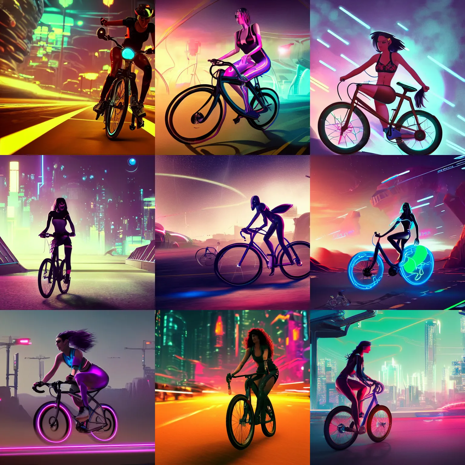 Prompt: photo of an attractive woman racing a bicycle on an alien cyberpunk neon planet, cinematic, atmospheric, 8k, trending on artstation