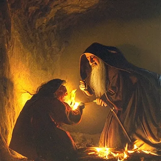 Prompt: Dutch masters old crone lighting a fire in a cave, smile, black teeth, LOTR, darkness, golden, painting