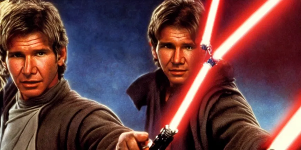 Image similar to A full color still from a film of a young Harrison Ford as a Jedi padawan holding a lightsaber hilt, from The Phantom Menace, directed by Steven Spielberg, 35mm 1990