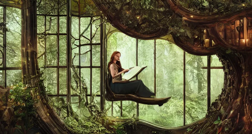 Image similar to An incredibly beautiful shot from a 2022 fantasy film featuring a character sitting in a cozy art nouveau reading nook inside a fantasy treehouse. A fantasy forest city is seen through a window. 8K UHD.