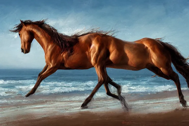 Image similar to a horse running on the beach by greg rutkowski, golden ratio