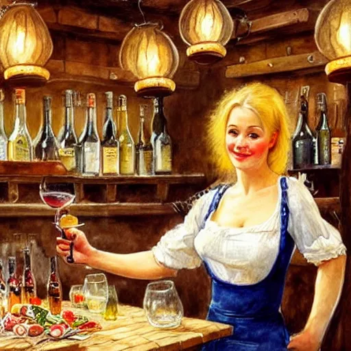 Image similar to hot blonde working in a wine cellar, food, pork, beer, schnapps, rustic, traditional, torches on the wall, watercolor by vladimir volegov and carl larsson