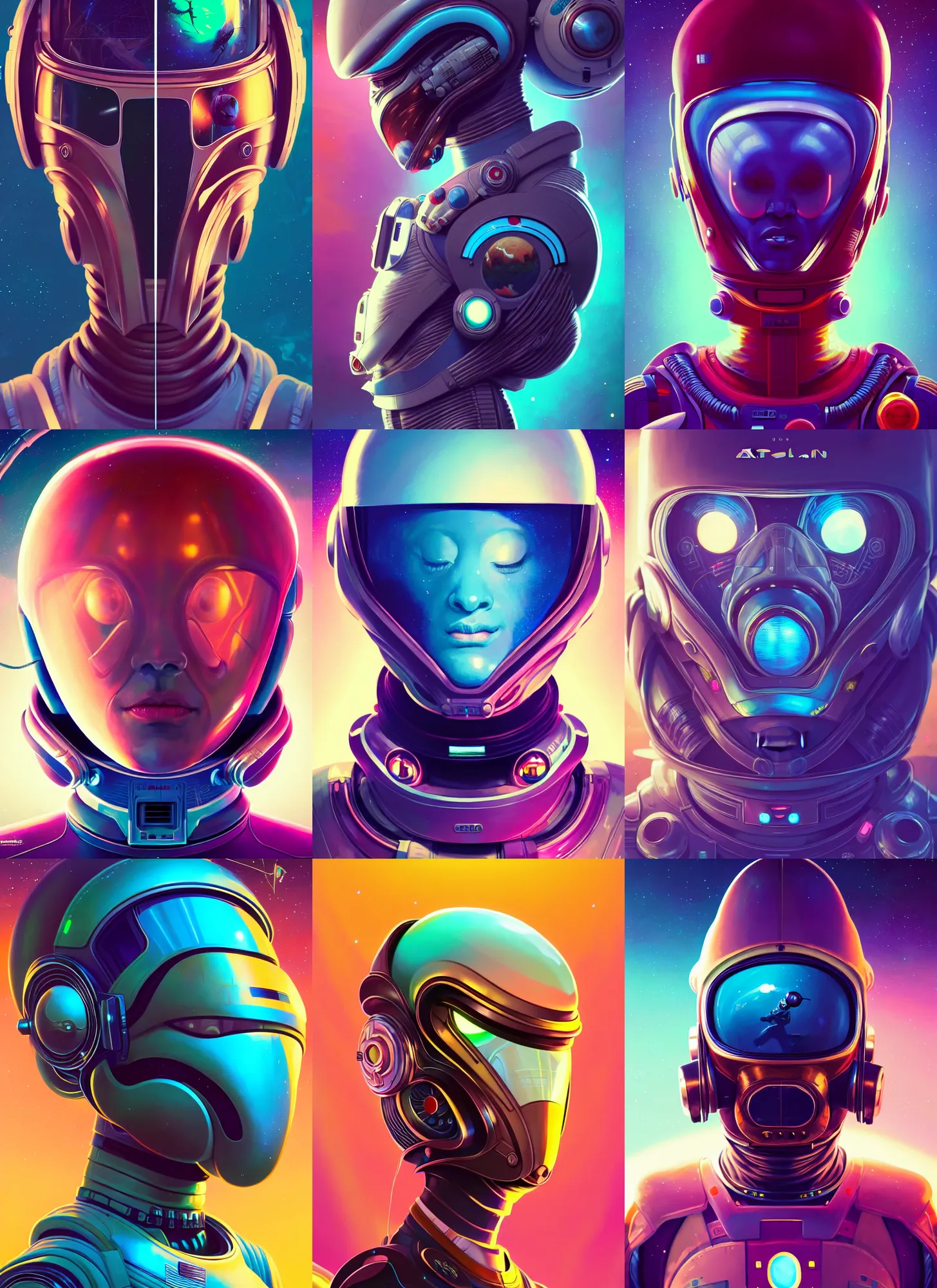 Prompt: retrofuturistic portrait of a alien in astro suit, space graphics art in background, close up, wlop, dan mumford, artgerm, liam brazier, peter mohrbacher, 8 k, raw, featured in artstation, octane render, cinematic, elegant, intricate, 8 k