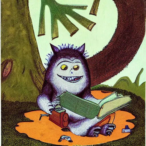 Image similar to monster reading a book in a forest, where the wild things are, bicycle, log, oil on canvas, calm, maurice sendak