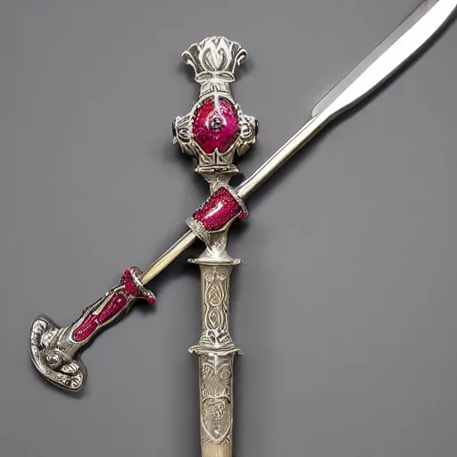 Image similar to royal silver claymore sword, ornate with rubies and amethysts