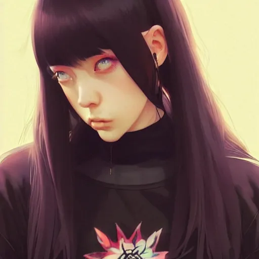 Image similar to a beautiful young japanese billie eilish kat dennings alluring instagram model in elaborate latex tank top, by guweiz and wlop and ilya kuvshinov and artgerm and makoto shinkai and studio ghibli, symmetrical eyes, aesthetic, gorgeous, stunning, alluring, attractive, artstation, deviantart, pinterest, digital art