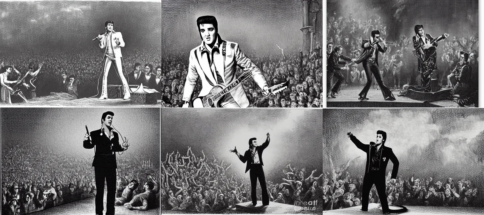 Prompt: elvis presley performing on stage, wood engraving, by gustave dore