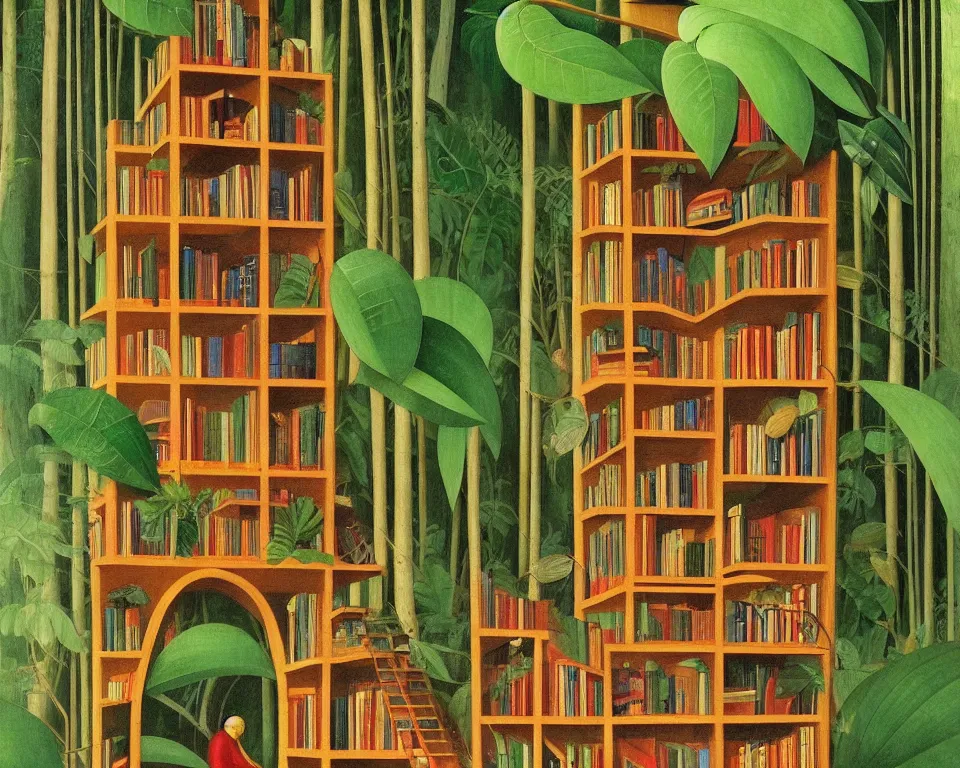 Image similar to a bookshelf in the rainforest by fra angelico. detailed, proportional, romantic, enchanting, achingly beautiful, graphic print, trending on artstation, jungle, tropical, foliage