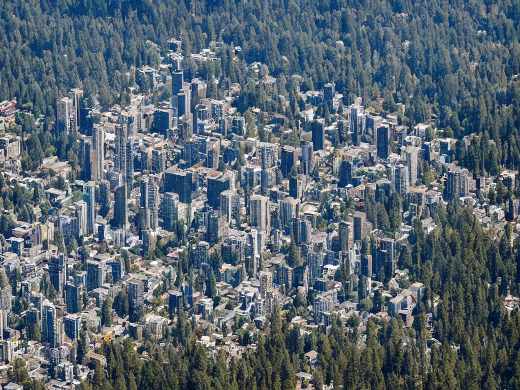 Image similar to bird's eye view photo of a metropolis highrise city, redwood forest to the south