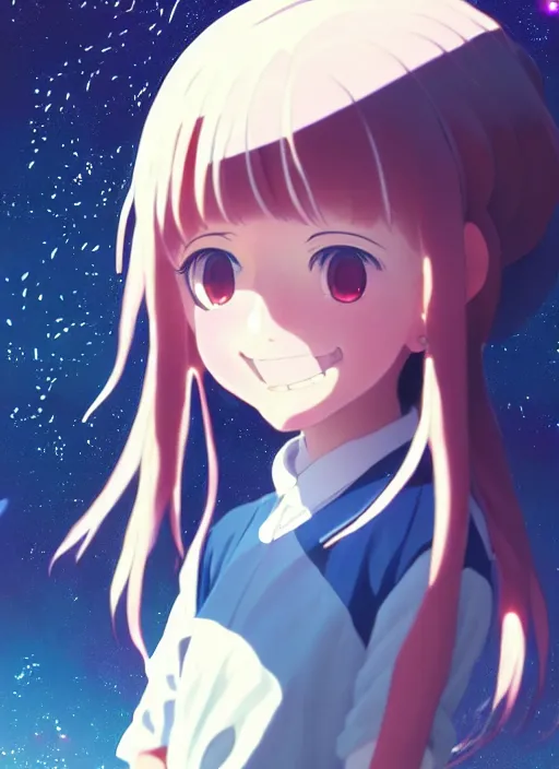 Prompt: portrait of a very cute girl with big eyes big smile, very anime space background illustration concept art anime key visual trending pixiv fanbox by wlop and greg rutkowski and makoto shinkai and studio ghibli and kyoto animation