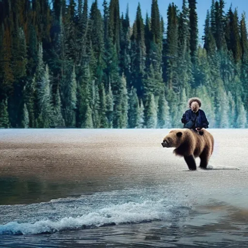 Image similar to bob ross riding on the back of a brown bear in alaska, outdoor, volumetric, hyperrealistic, shutterstock contest winner, national geographic photo, stockphoto, majestic