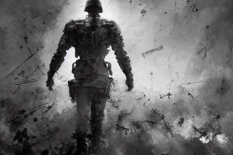 Prompt: dystopian super soldier fighting in wwii, part by ashley wood, part by zdzislaw beksinski, surreal oil painting, highly detailed, photo realistic, abstract expressionism, projection mapping, soft illumination, trending on artstation, masterpiece