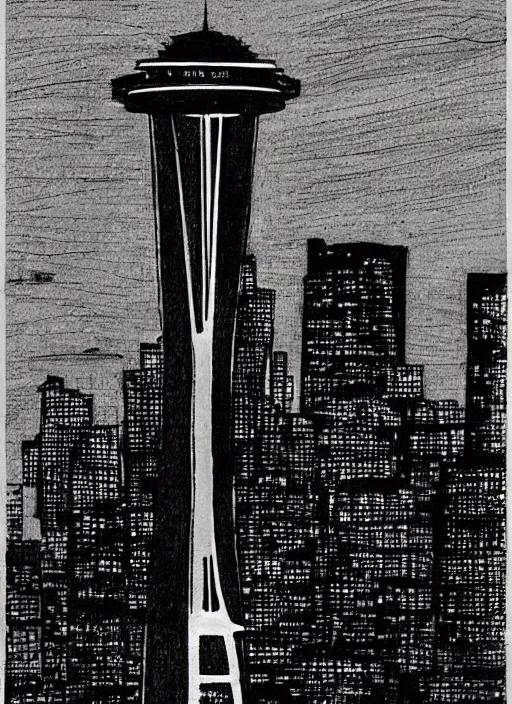 Image similar to king kong on the Seattle Space Needle at night, with moon in background, dark colors, sinister atmosphere, dramatic lighting, cinematic, establishing shot, extremely high detail, photo realistic, cinematic lighting, pen and ink, intricate line drawings, by Yoshitaka Amano, Ruan Jia, Kentaro Miura, Artgerm, post processed, concept art, artstation, matte painting, style by eddie mendoza, raphael lacoste, alex ross