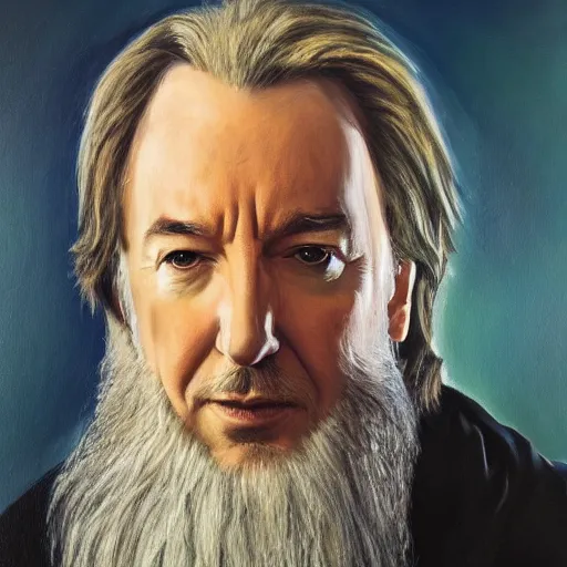 Image similar to A portrait of Alan Rickman depicted as Albus Dumbledore, oil painting