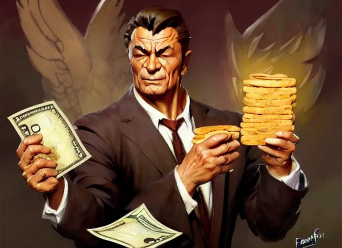 Image similar to magic : the gathering fantasy character concept art of the great businessman by frank frazetta, high resolution. a clear portrait of powerful, business man wearing a business suit, holding a wad of money made out of bread, magical bread and toast money swirling around, fantasy coloring, intricate, digital painting, artstation, smooth, sharp focus