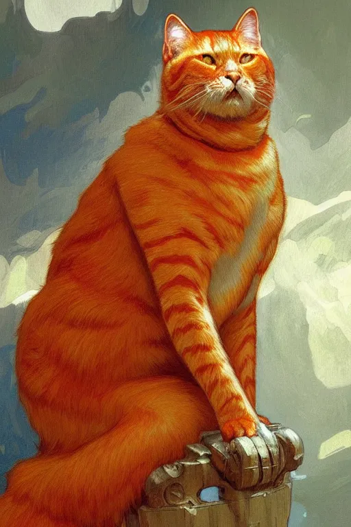 Image similar to painted portrait of rugged fat orange cat, god of thunder, greek god, masculine, powerful, handsome, upper body, white robe, muscular, fantasy, intricate, elegant, highly detailed, digital painting, artstation, concept art, smooth, sharp focus, illustration, art by gaston bussiere and alphonse mucha