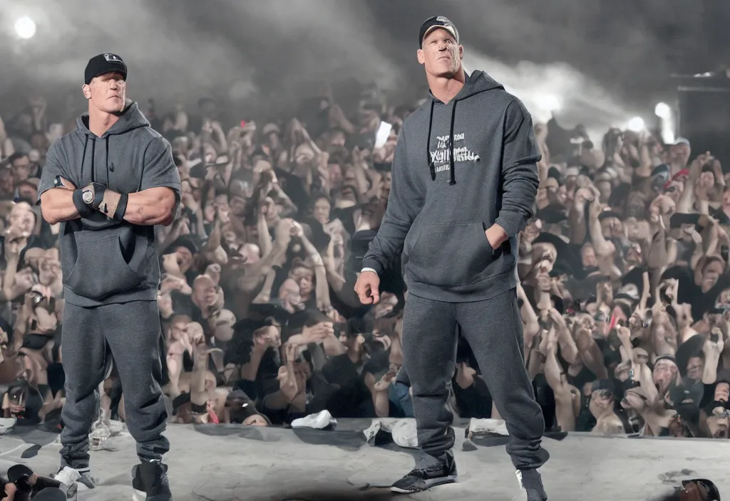 Image similar to john cena with a gray cap and a gray hoodie with the hood on. John Cena rapping in front of a crowd of people. Industrial setting. Lose yourself by eminem music video.