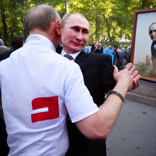 Prompt: a guy hugging a vladimir putin picture