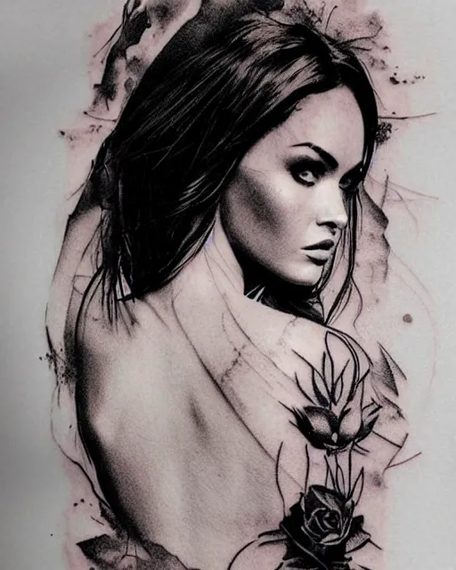 Image similar to double exposure tattoo sketch of megan fox faded with a beautiful mountain scenery, in the style of matteo pasqualin, amazing detail, sharp