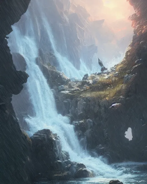 Image similar to cascade de surpris, blue sea, environment art, fantasy art, landscape art, in the style of greg rutkowski, illustration, epic, fantasy, intricate, hyper detailed, artstation, concept art, smooth, sharp focus, ray tracing