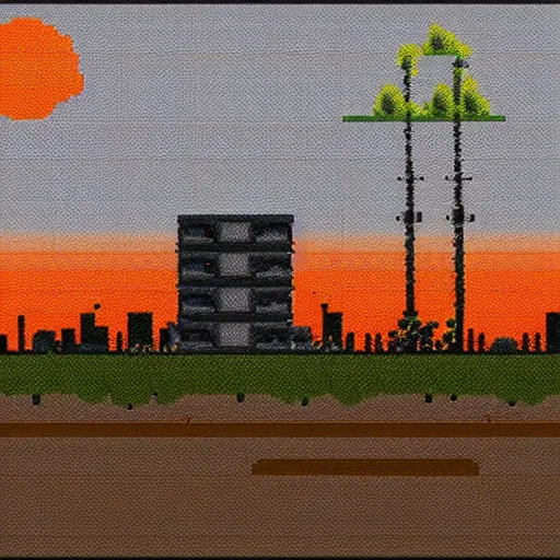 Prompt: pixel art landscape of an abandoned overgrown factory with orange sky, atmospheric pixel art