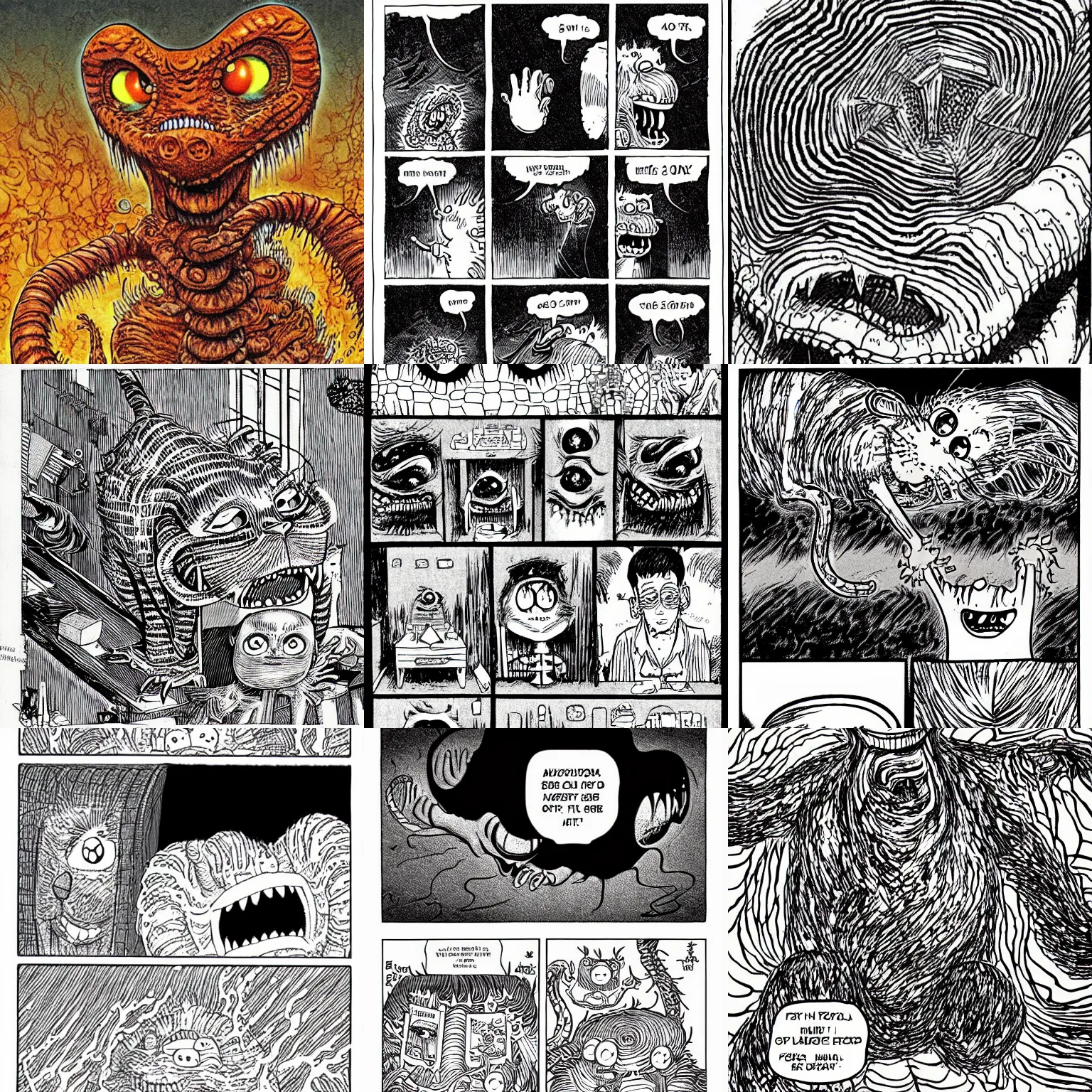 Prompt: eldritch abomination Garfield, illustrated by Junji Ito, manga panel