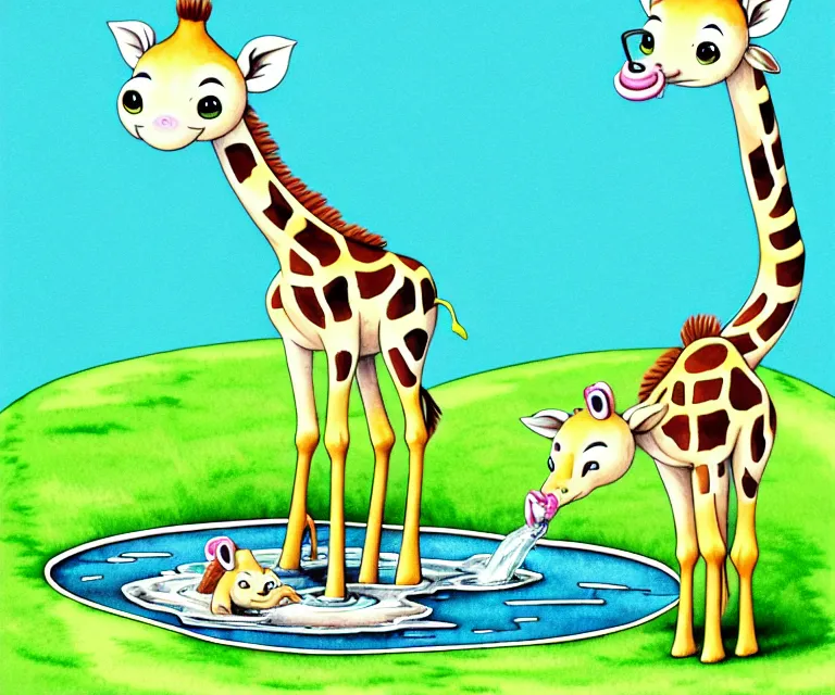 Prompt: cute and funny, baby giraffe drinking from a pond, ratfink style by ed roth, centered award winning watercolor pen illustration, isometric illustration by chihiro iwasaki, edited by range murata, tiny details by artgerm and watercolor girl, symmetrically isometrically centered