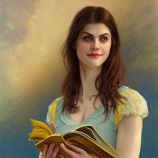 Prompt: a smiling alexandra daddario wearing a yellow dress and reading a book, masterpiece, intricate, elegant, highly detailed, digital painting, artstation, concept art, smooth, sharp focus, illustration, art by artgerm and greg rutkowski and alphonse mucha and uang guangjian and gil elvgren and sachin teng, symmetry!!