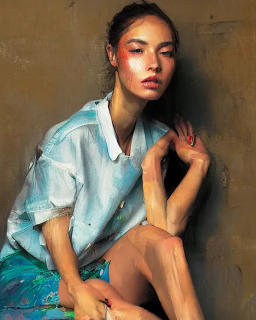 Image similar to a ultradetailed beautiful panting of a stylish woman sitting on the floor in a tiled room, she is wearing streetwear, bright colors, highly detailed face, oil painting, by ruan jia