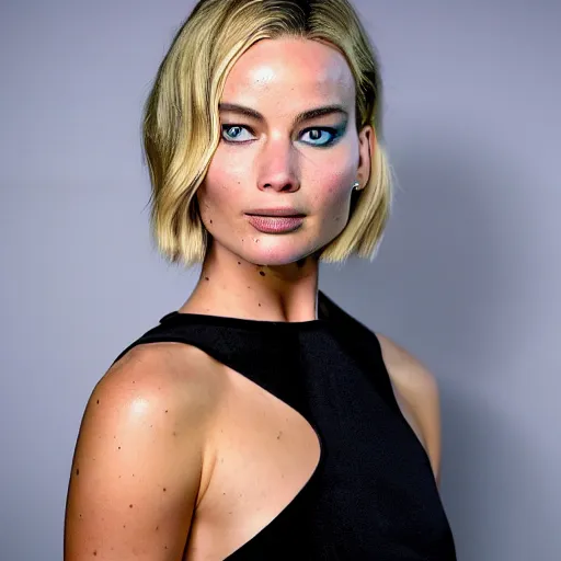 Prompt: a woman who is a genetic combination of jennifer lawrence margot robbie laura bailey pokimane, medium shot, detailed eyes,