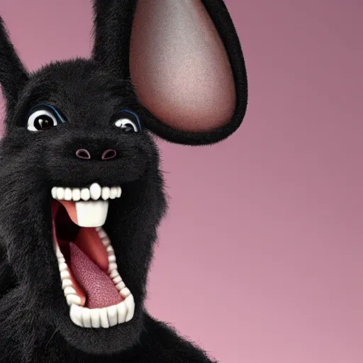 Image similar to A extremely highly detailed majestic hi-res beautiful, highly detailed head and shoulders portrait of a scary terrifying, horrifying, creepy black cartoon rabbit evil laughing standing up wearing pants and a shirt in the style of Walt Disney