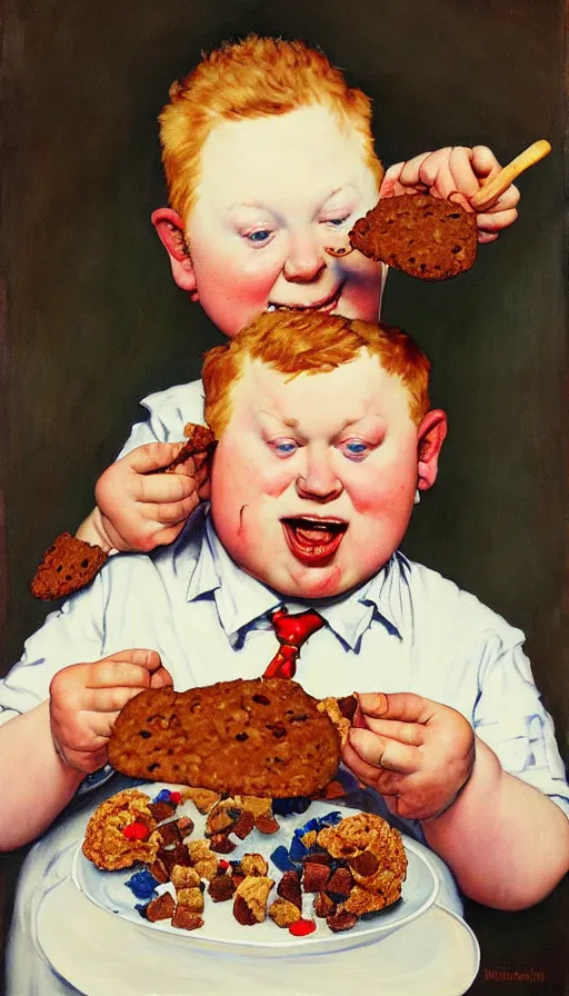 Prompt: painting of a stoned ginger hair chubby boy eating a delicious cholocate chunks cookies, buzz cut, america, norman rockwell