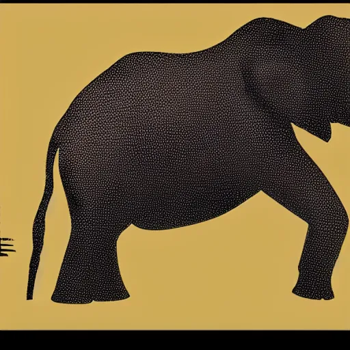 Image similar to a 1 bit grpahical render of an elephant with a golden sword in the background, 1 bit image.