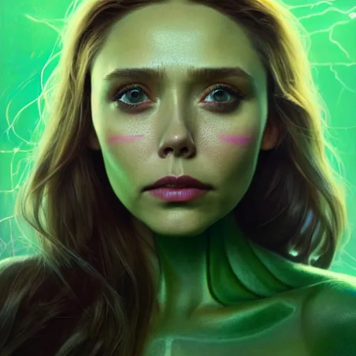 Image similar to portrait painting of elizabeth olsen with green skin and pointy ears wearing sci - fi clothes as a skrull, ultra realistic, concept art, intricate details, eerie, highly detailed, photorealistic, octane render, 8 k, unreal engine. art by artgerm and greg rutkowski and charlie bowater and magali villeneuve and alphonse mucha
