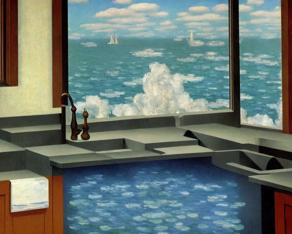 Image similar to achingly beautiful painting of a sophisticated, well - decorated, modern kitchen sink by rene magritte, monet, and turner.