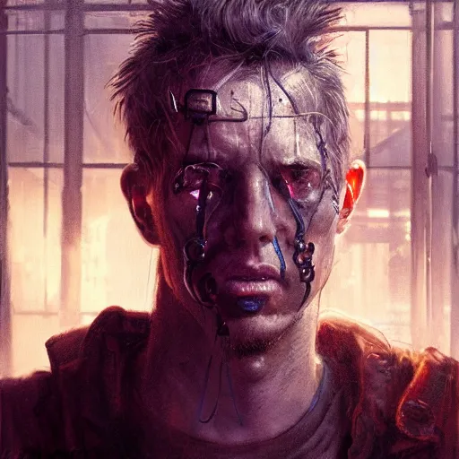 Image similar to henry dorsett case, middleaged shaggy gay, smoker, hacker, cyberpunk, painted by seb mckinnon, high detail, dramatic light, digital art, painted by greg rutkowski, promotional movie posterart, trending on artstation