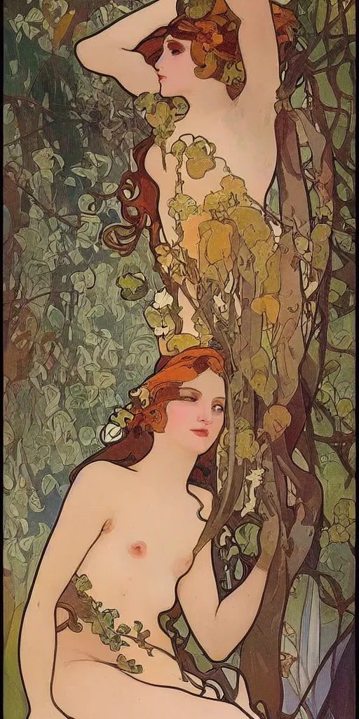 Prompt: esthetic beautiful woman models painted by Alfons Mucha, Art Deco, hot, forest on background, banner