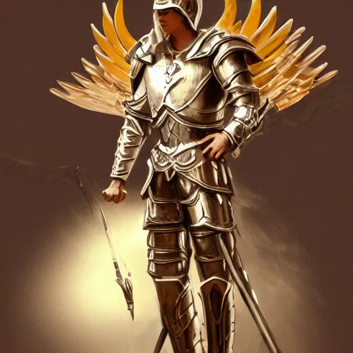 Image similar to full body digital painting of ajustin bieber as a king seraphim knight, in a pearl armor magicpunk chrome body sculpted intricate armor. big medium small details, reflect 8 k uhd, unreal engine, octane render in the artstyle of finnian macmanus, john park and greg rutkowski