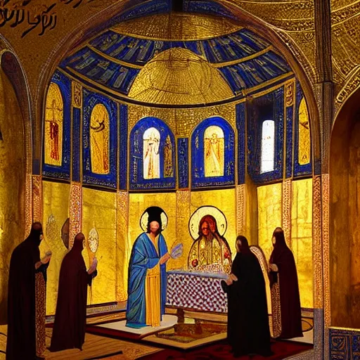 Prompt: divine liturgy being held in the hagia sophia, artstation, artwork, rays of shimmering light, beautiful, surreal, holy