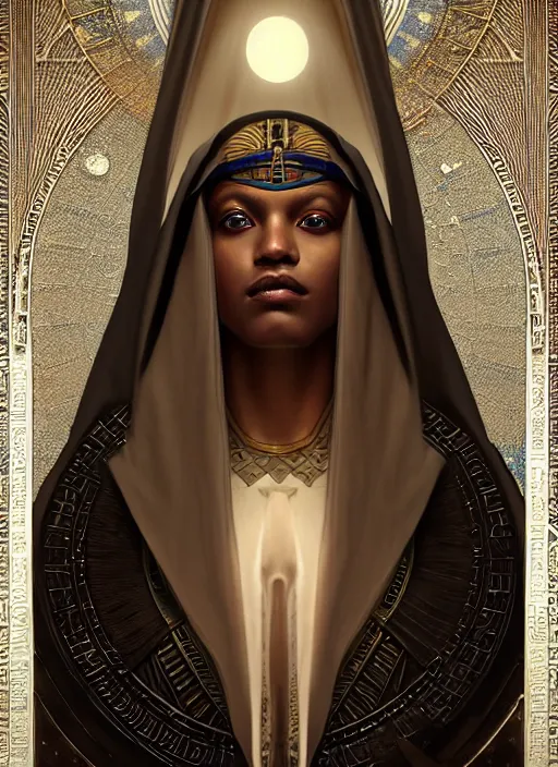 Prompt: close up portrait of noble khonsu under moonlight, egyptian symbolism, white eyes no pupils, hooded african man wrapped in linen by artgerm, cushart krenz, greg rutkowski, mucha. art nouveau. gloomhaven, swirly lunar ripples, pale colors, soft edges. ultra clear detailed. 8 k. elegant, intricate, octane render