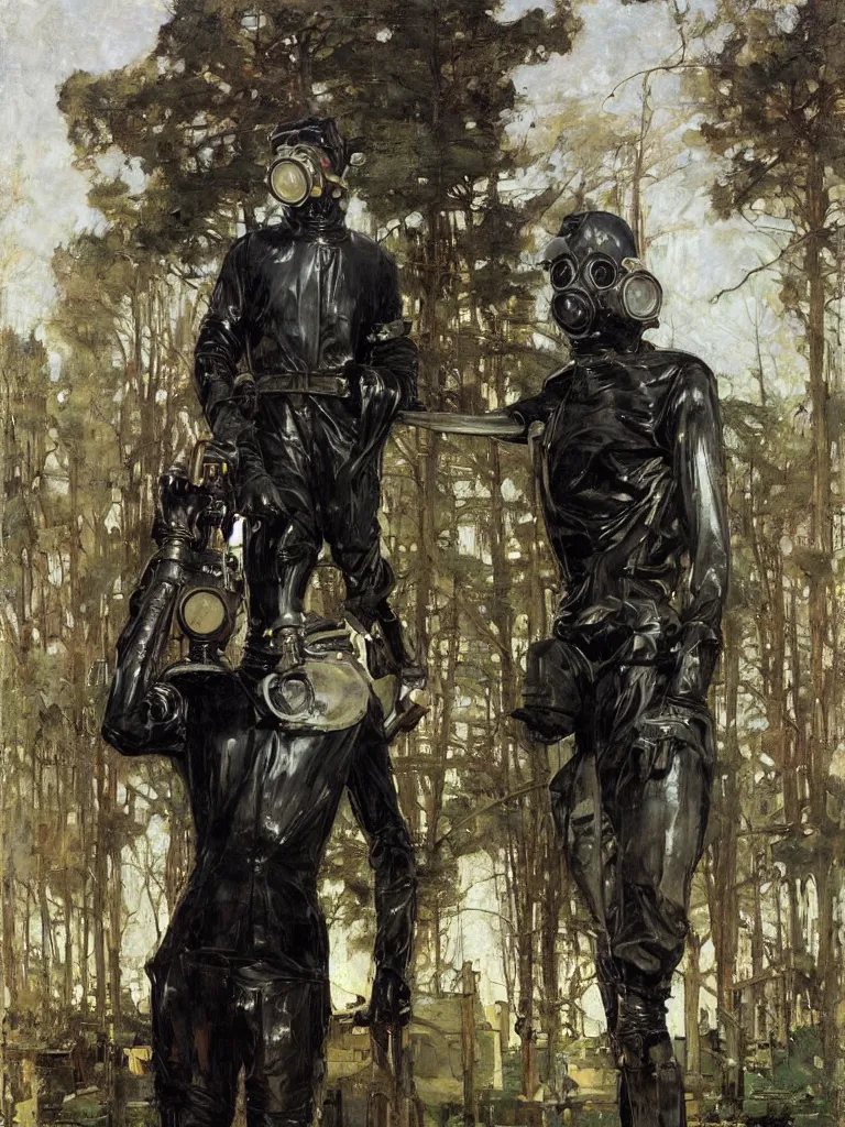 Prompt: full body portrait of an incredibly tall man dressed entirely in latex and wearing a gas mask standing on the driveway leading to an enormous stately home at midday, john william waterhouse, john berkey, michael alford, jeremy mann