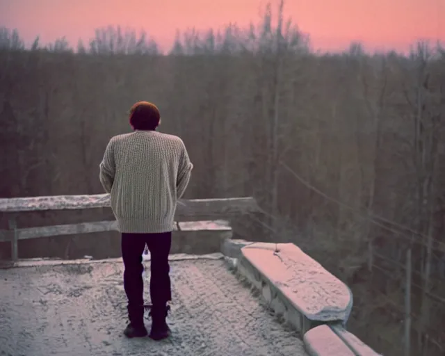 Image similar to award - winning lomographic tarkovsky film still of 4 0 years russian man with beard and sweater standing on small hrushevka 9 th floor balcony in taiga looking at sunset, kodak ektar, bokeh