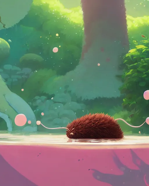 Image similar to a giant hairy caterpillar taking a bath in a spring with lush vegetation around, cory loftis, james gilleard, atey ghailan, makoto shinkai, goro fujita, character art, rim light, exquisite lighting, clear focus, very coherent, plain background, soft painting